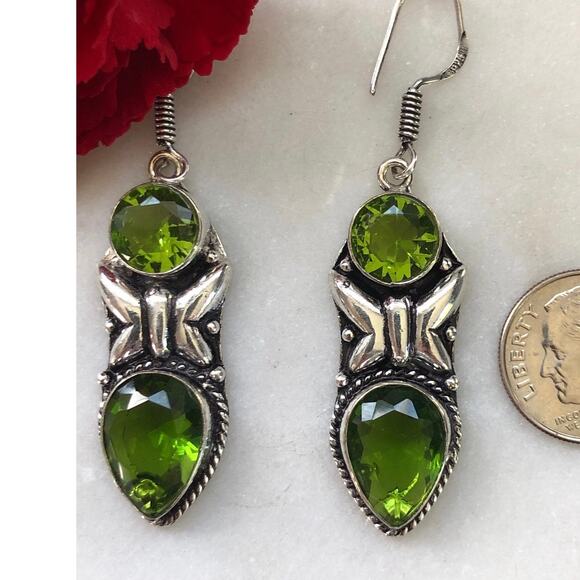 925 Sterling Peridot Butterfly Dangle Earrings - Picture 2 of 6